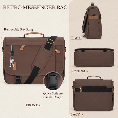RAINSMORE Messenger Bag for Men 17-17.3 Inch Laptop Bag Water-resistant Canvas Computer Shoulder Bag Office Work Briefcase Large Casual Satchel Bags for Men Bookbag for College, Coffee