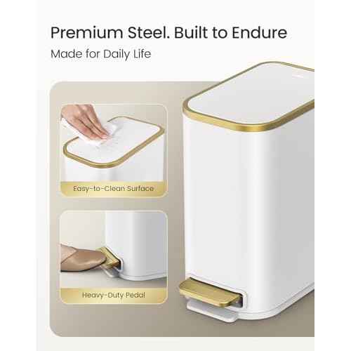 Cesun Small Bathroom Trash Can with Lid Soft Close, 5 Liter/1.3 Gallon Stainless Steel Garbage Can with Removable Inner Bucket, Step Pedal, Slim Waste Basket for Toilet, Office, Bedroom (White&Gold)