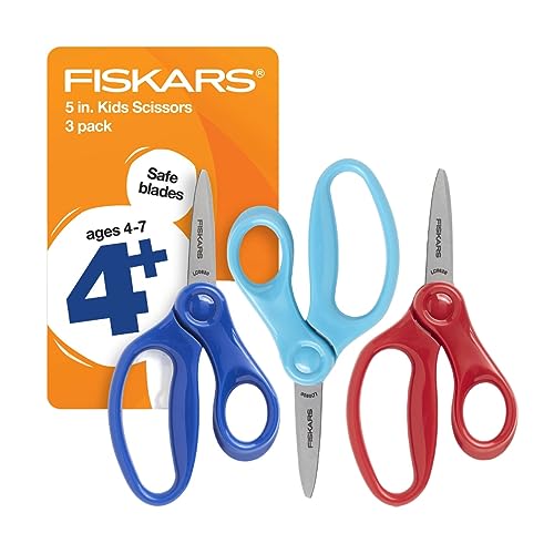 Fiskars Right-Handed 5-Inch Pointed-Tip Kids Scissors, 3-Pack for Ages 4-7, Safe & Durable