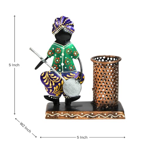 Hastvikas Handcrafted Metal Pen Holder with Tribal Musician Figurine | Decorative Desk Organizer for Office, Study Table & Home Décor | Compact Stationery Stand (Green)