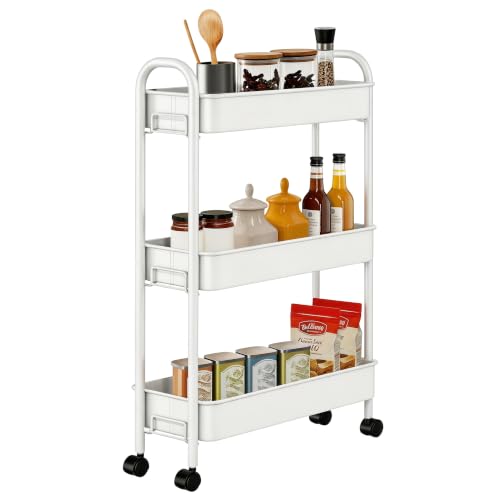 ZXICEU Matte White Slim 3-Tier Metal Rolling Cart - Narrow Utility Storage