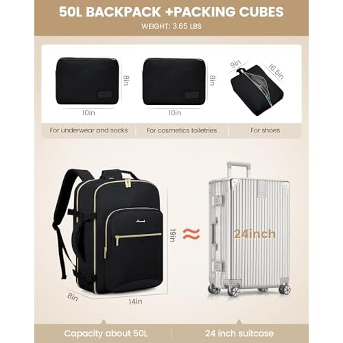 LOVEVOOK 50L Travel Backpack for Women Men,Waterproof Airline Approved Carry On Luggage Travel Essentials,TSA Carry On Backpack Personal Item Travel Bag Suitcase Weekender Traveling with Packing Cubes