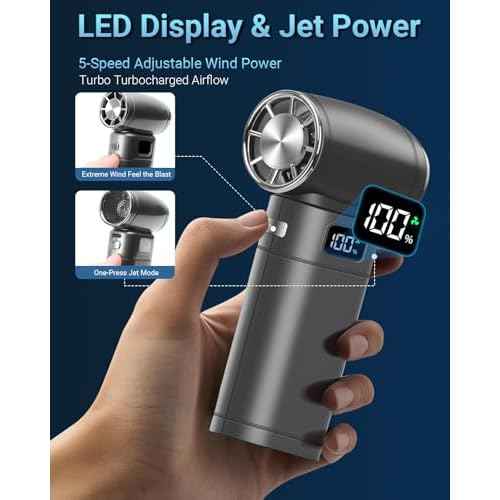 Handheld Mini Turbo Fan 120000RPM 6-Speed Turbo Power 9000mAh Portable High Speed Cooling Air Blower Cordless Air Duster Hair Dryer with LCD Display SOS Light for Travel Outdoor