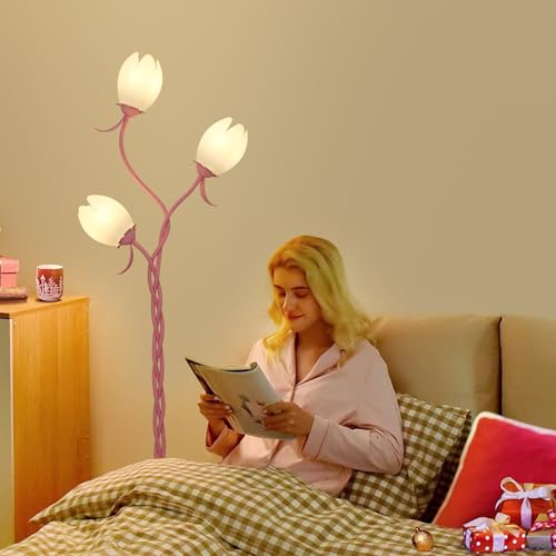 HMVPL Pink Flower Floor Lamp for Bedroom, 3-Light Floral Floor Lamp with 3 LED 5W Blubs, Foot Switch, Cute Girls Standing Lamp with Acrylic Shade, Gooseneck Lotus Flower Tall Lamp for Living Room Kids
