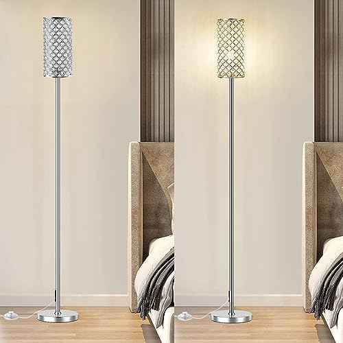 Crystal Floor Lamps - Modern Silver Standing Lamp with 3 CCT LED Bulbs for Elegant Home Decor Living Room and Bedroom Lighting