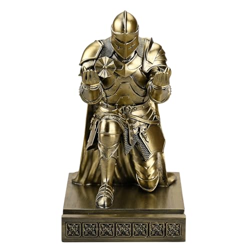 Medieval Armored Warrior Wearing Outerwear, Mobile Phone Stand Knight Pen Holder Desk Organizers, Resin Bookends Paperweight with a Letter Opener for Desk (Bronze)