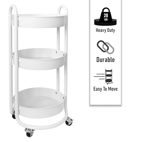 HOMESTEAD Round Rolling Side Table Cart, 3 Tier Metal Utility, 60 lb Heavy Duty, 15¡È Diameter, Lockable 360¡Æ Casters, Powder-Coat Storage for Kitchen, Bedroom, Office, Bath 15.7" x 14.9" x 31.5" White
