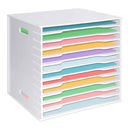 12x12 Scrapbook Paper Organizer Storage,12 Tier Desk File Organizer with Adjustable Shelves,Desktop 12 Slots File Sorter Storage Wide Document Holder Cabinets Letter Mail Tray for Home SchoolOffice