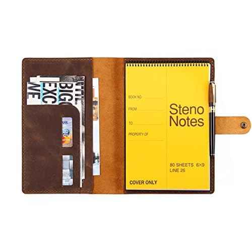 Robrasim Leather Cover for 6"x9" Steno Notebook, Leather Folio Cover Compatible with 6x9 Spiral Steno Pads, A5 Notebook Organizer with Pen Loop - Brown