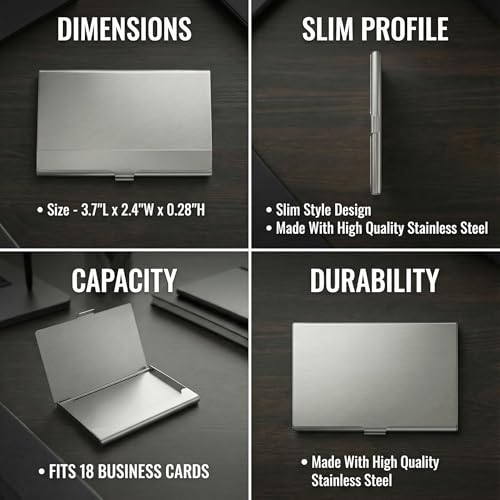 SunplusTrade Stainless Steel Business Card Holder 3.7" x 2.4" Slim Minimalist Pocket Case for Men & Women - Fits 18 Cards