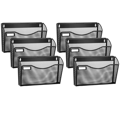 Samstar Black Mesh Wall Mounted File Organizer with Label Panel - 6 Pockets for Office & Home