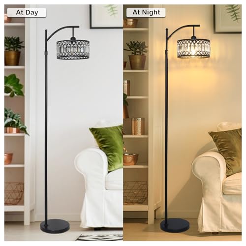 Crystal Floor Lamps for Living Room, Modern Arc Floor Lamp, Black Standing Lamp with Edison Bulb, Height Adjustable Tall Lamp for Bedroom, Corner Stand Up Lamp for Office, Arched Reading Light