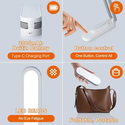 Giryuhd White Rechargeable Foldable LED Desk Lamp - Portable Dimmable Reading Light