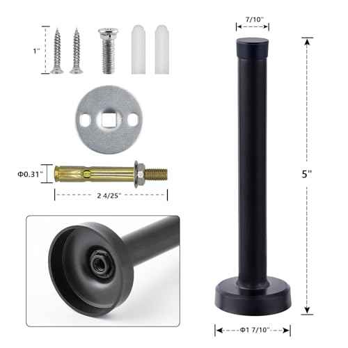 Long Door Stopper, Door Stops 5 Inch Wall Mount Door Stopper Wall Protector, Heavy Duty Solid Black Doorstop Brushed Stainless Steel with Soft Rubber Bumper Tips