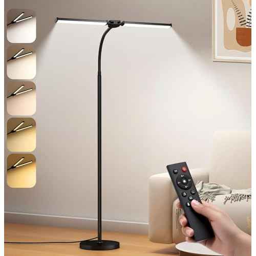 LED Floor Lamp for Living Room, Bright Reading Lamps for Office, Adjustable Colors Temperatures&Brightness, Dual Head Gooseneck Standing Lamp, Remote and Button Control£¬Eye-Caring Tall Lamp, Black