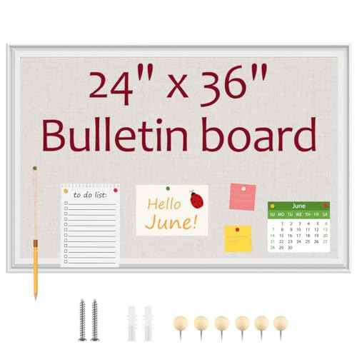 Linen Bulletin Board,Pin Boards for Walls,Fabric Bulletin Board,White Wood Frame Beige Linen,23.6"x35.4",Large Pin Board for Office,Home Kitchen, Vision Cork Board (WH-6090)
