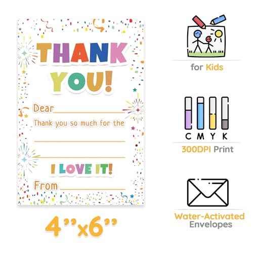 72Pcs Kids Thank You Cards, Fill in The Blank Thank You Notes with Envelopes from Teacher for Birthday (4x6 In)