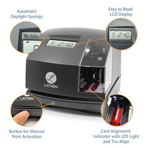 Lathem 1600e Time Clock Punch Machine & Document Stamp, Time Keeping System with Tru-Align Cards (5.7 X 6.3 X 7.2 Charcoal Gray)