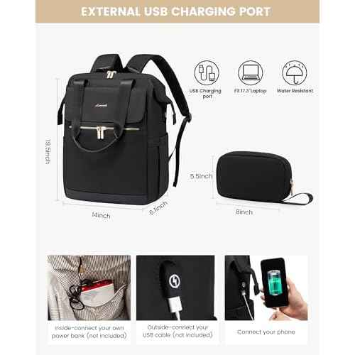 LOVEVOOK 17.3 Inch Laptop Backpack for Women, Large Capacity Travel Backpack with Organizer Bag, Waterproof Carry on Backpack Work Bag with USB Port, Teacher Nurse Backpack Purse, 2PCS, Black
