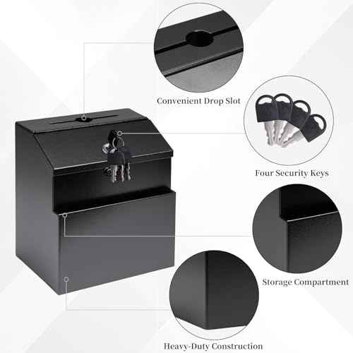 Suggestion Box with Slot and Lock Metal Wall Mounted Ballot Complaint and Donation Box with 4 Keys
