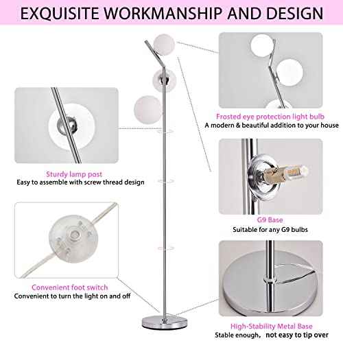 Modern Floor Lamp, LED Standing Tall Pole Lamp with Glass Shade, Elegant Mid Century Modern Floor Lamps for Living Room,Bedroom,Office,3 Lights (Bulbs Included)