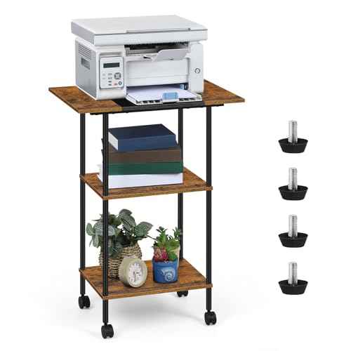 Shinoske Printer Stand with Storage,3 Tier Large Printer Table with Wheels for Home Office,Rolling Cart with Storage Shelf,for 3D Printer,Scanner Fax,Shredder,Rustic Brown