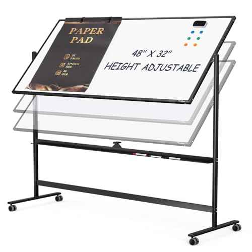 Dry Erase Whiteboard Easel on Wheels - TANKEE 48" x 32" Large Double Sided Mobile Whiteboard, Reversible Magnetic Rolling White Board for Home Office Classroom, Flip Chart Holders and Paper Pad