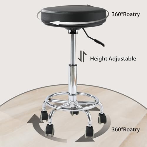 Adjustable Rolling Stool with Wheels Heavy Duty 500lb Round Rolling Stool with Footrest, Patent Leather Drafting Stool Chair with Wheels Work Spa Salon Seat, Black