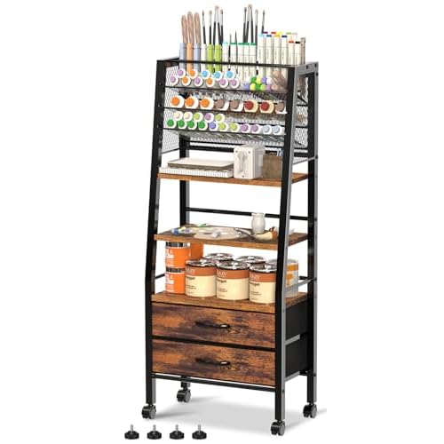 3-Tier Art Cart with Drawers & Lockable Wheels - Craft Organizer For Supplies, Brushes, Paints & Small Parts Storage, Utility Tool Art & Craft Paint Brush Holder for Home, Office (Rustic Brown)