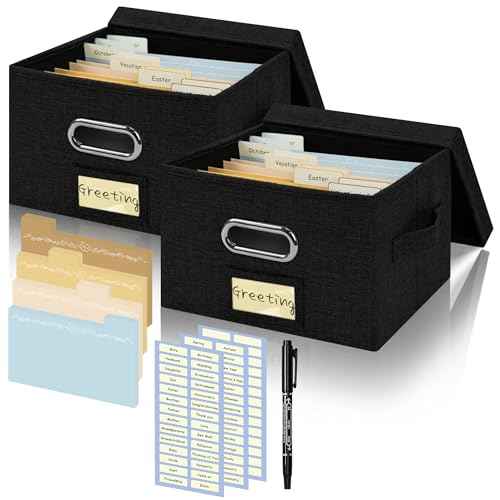 Greeting Card Organizer and Storage Box with 40 Pcs Adjustable Dividers, Storing Cards with 168 Pcs Labels Perfect for Storing Greeting Cards, Envelopes, Photos 2 Pack Black