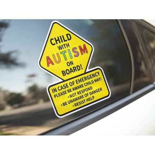 Child with Autism On Board Sticker 2-Pack Decals | Latex Optimized Bright Visible Durable Stickers | 5.5-Inches by 4.5-Inches | Emergency Alert for Autistic Child Stickers