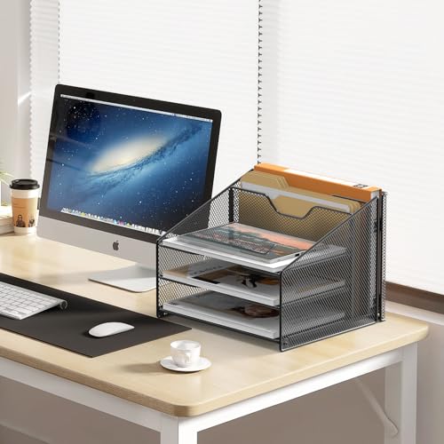Samstar 1 Pack Black Mesh Desk File Organizer with 3 Sliding Trays & 2 Vertical Sections