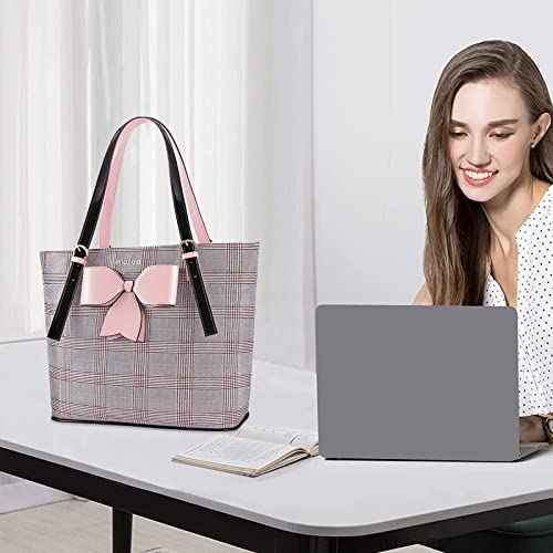 MOSISO Laptop Bag for Women Compatible with MacBook, 17-17.3 inch Notebook and Chromebook, PU Leather Large Capacity Travel Briefcase with Bowknot Grid MO-GID001GYPK