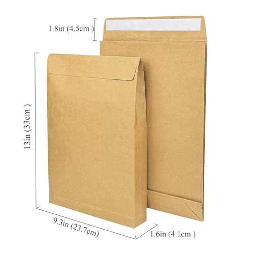 40 Pack Expandable Large Kraft Envelopes, 9.3" x 13" Big Mailing Envelopes Self Seal Anti Tear Catalog Envelopes for Business Office Paper Documents File Storage - Brown