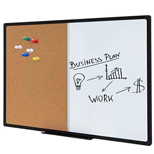 48 x 36 Inch Magnetic Whiteboard and Cork Combo Board, Wall Mounted Half Dry Erase Board & Cork Board Combination Board, Black Aluminum Frame