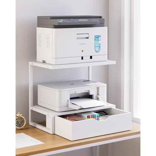 IBUYKE 2 Tier Desktop Printer Stand,Printer Table with Storage Shelf,Multi-Purpose Desk Organizer for Folders,Books,for Fax Machine, Scanner,Home Office,White TLJ015W