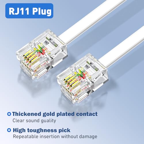 Phone extension Cord 25 Ft, Telephone Cable with Standard RJ11 Plug and 1 in-Line Couplers and 20 Cable Clip Holders, White