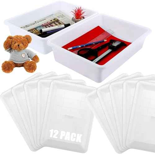 RHBLME 12 Pack White Plastic Trays for Kids Arts and Crafts, Flat Storage Tray Organizer Bin Letter Size Paper Trays for Classroom, Stackable Paper Tray for School Office Organization