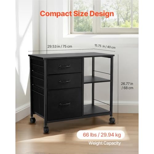 VEVOR Metal File Cabinet, Mobile Filing Cabinet with 3 Fabric Drawers and 2 Open Shelves, Wooden Vertical Filing Storage Cabinets with Wheels for Letter, A4, Legal Size File, Easy Assembly, Black