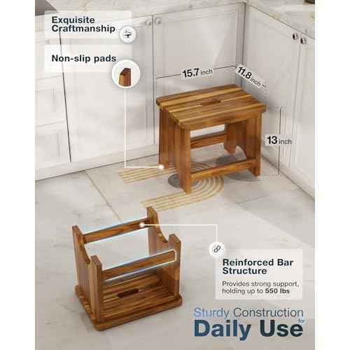 Wooden Step Stool, 13'' Heavy Duty Stepping Stool for Adults with Handle, Nonslip & Durable Design Supports up to 500lbs for Bedroom or Kitchen