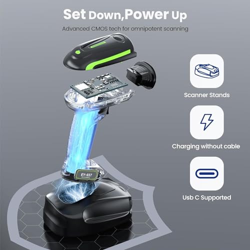 Eyoyo Green Industrial 2D QR Barcode Scanner with Wireless Charging Stand