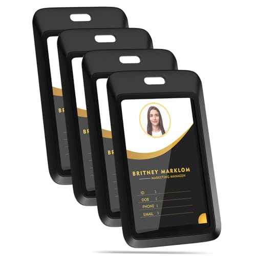 4 Pack Sliding Black ID Badge Holder, Heavy Duty Plastic ID Badge with Clear Window, Vertical Key Card Holder Protector Pouch for Office School ID Cards Proximity Key Cards Drivers Licenses & Passes