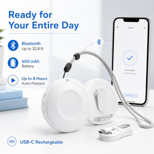Memlorz White AI Language Translator Device with 165 Languages, Clip-On