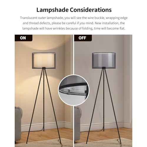 KDG Modern Floor Lamp - Tall Tripod Lamp for Living Room, Bedroom, Office; Fabric Shade, LED Bulb, Warm Light (Black)