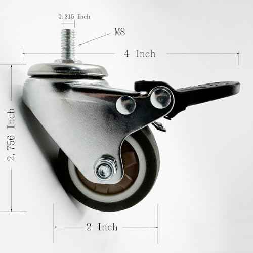 4-Pack 2 inch M8(0.315'' ¥Õ) 15mm Threaded Locking Dual Wheels Caster with Brake and 360 Degree Swivel Plate for Heavy Duty Standing Desk' Feet Width Exceeding 70mm, More Stable and Coordinated.