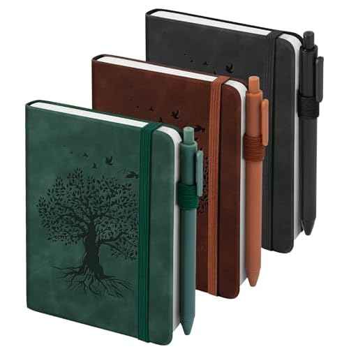 3 Pack Pocket Journaling Notebooks, A6 Small Notebook Total 360 Pages Journaling Notebooks For Note Taking Journals For Writing Mini Note Pads With Pen Holder 100 GSM Thick Paper(Black,Green,Brown)
