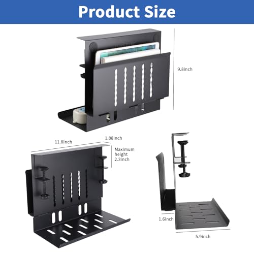 LUKETURE Desk Side Storage, Laptop Holder with Cable Management Tray, 2 in 1 Steel Under Desk Laptop Mount, Table Organization, Space Saving Table Accessories for Office and Home (Black)