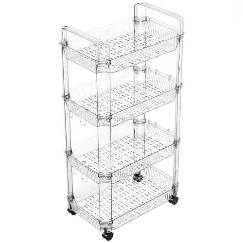 Yieach Clear 4 Tier Rolling Utility Cart with Wheels,Modern Bedside Cart for Baby Essentials,Nursery,Diaper Caddy,Baby Supplies,Rolling Storage Cart for Living Room,Bathroom,Kitchen,Book