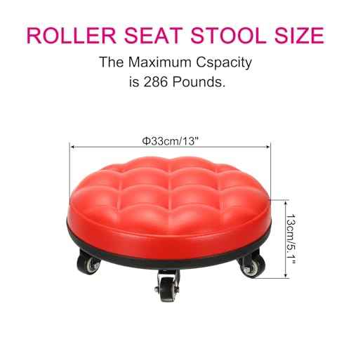 PATIKIL Low Roller Seat Wheel Stool Chair PU Leather Short Low Rolling Stool with Universal Wheel for Home Office Fitness (Red), 5.1" Height