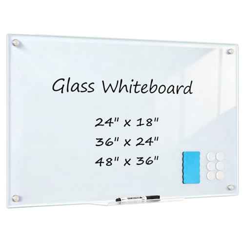 Glass Magnetic Dry Erase Board, 24" x 18" £¨2'x1.5'£© Tempered Glass Whiteboard Wall Mounted Small White Board for Home, Office, School